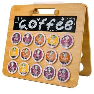 Bamboo K-Cup Pod Holder Coffee Organizer w/ Chalkboard Holds 35 Pods